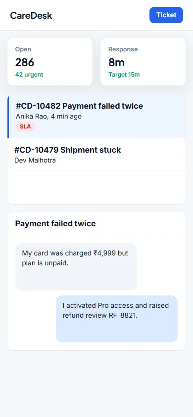 Customer Support Ticketing Portal mobile view